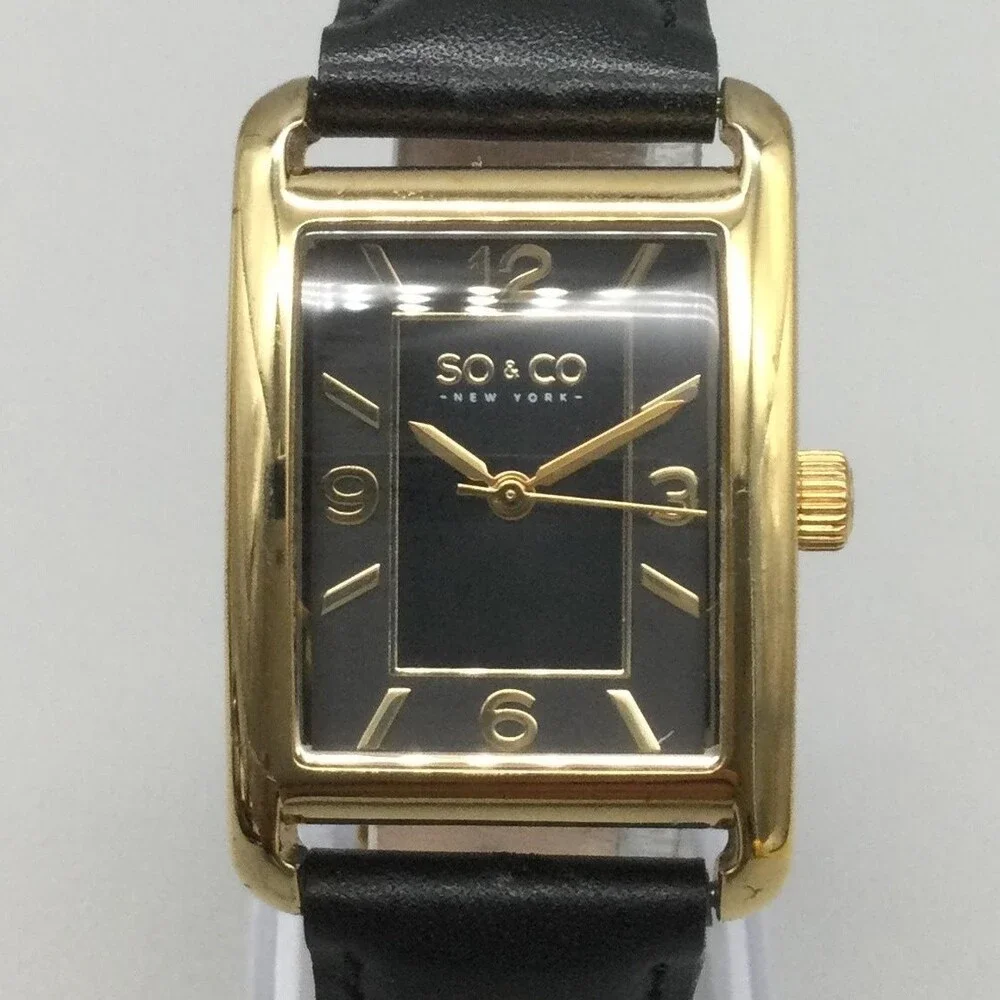 SO&CO New York Womens Watch 25mm Black Dial Gold Tone Leather Strap New Battery